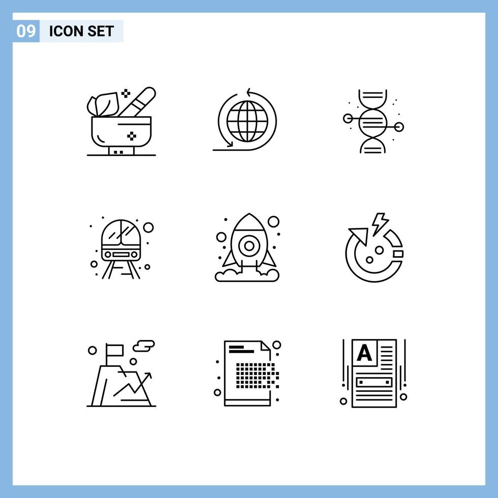 Group of 9 Modern Outlines Set for space cosmos healthcare vehicle service Editable Vector Design Elements