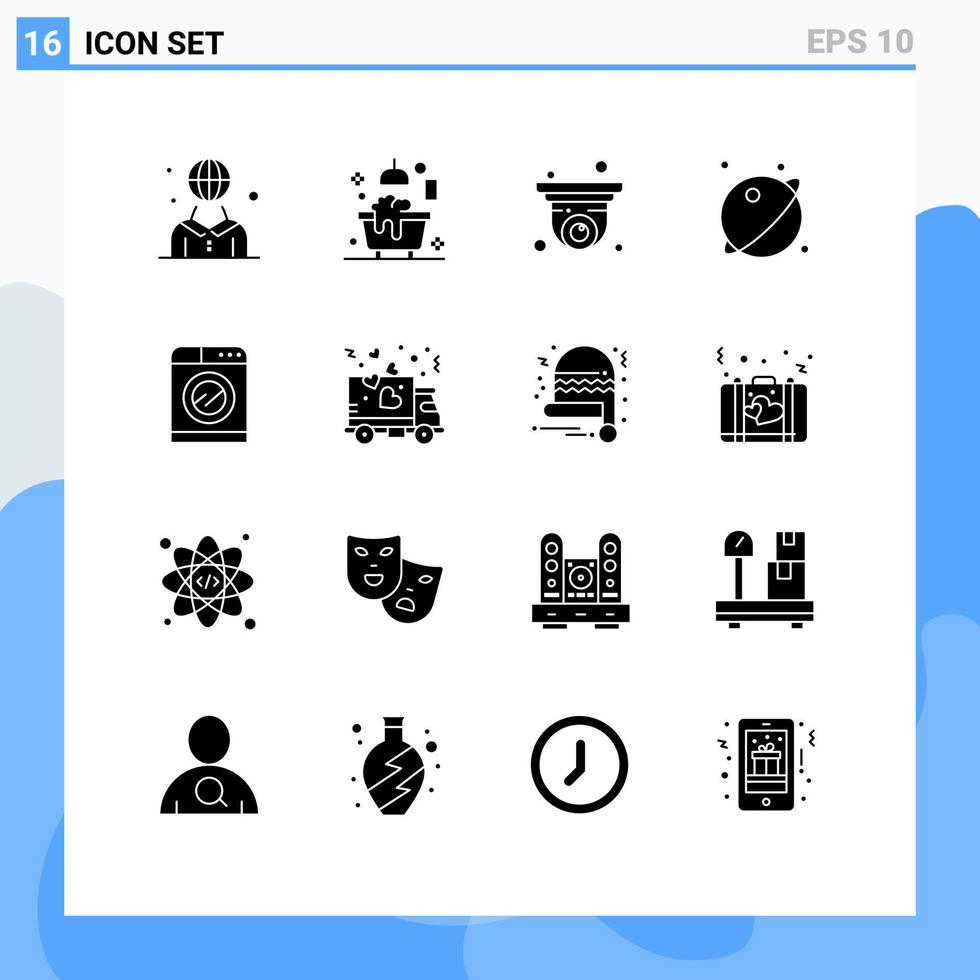 Group of 16 Modern Solid Glyphs Set for system planet shower orbit security camera Editable Vector Design Elements