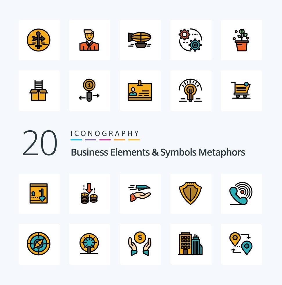 20 elementos de negocios y símbolos metáforas paquete de iconos de color relleno de línea como llamada protección de mano bloqueada recibir vector