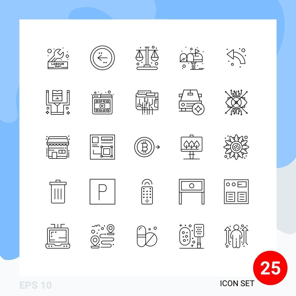paquete de 25 signos y símbolos de líneas modernas para medios de impresión web, como elementos de diseño de vectores editables en el tiempo del cuadro de dirección de la carta postal