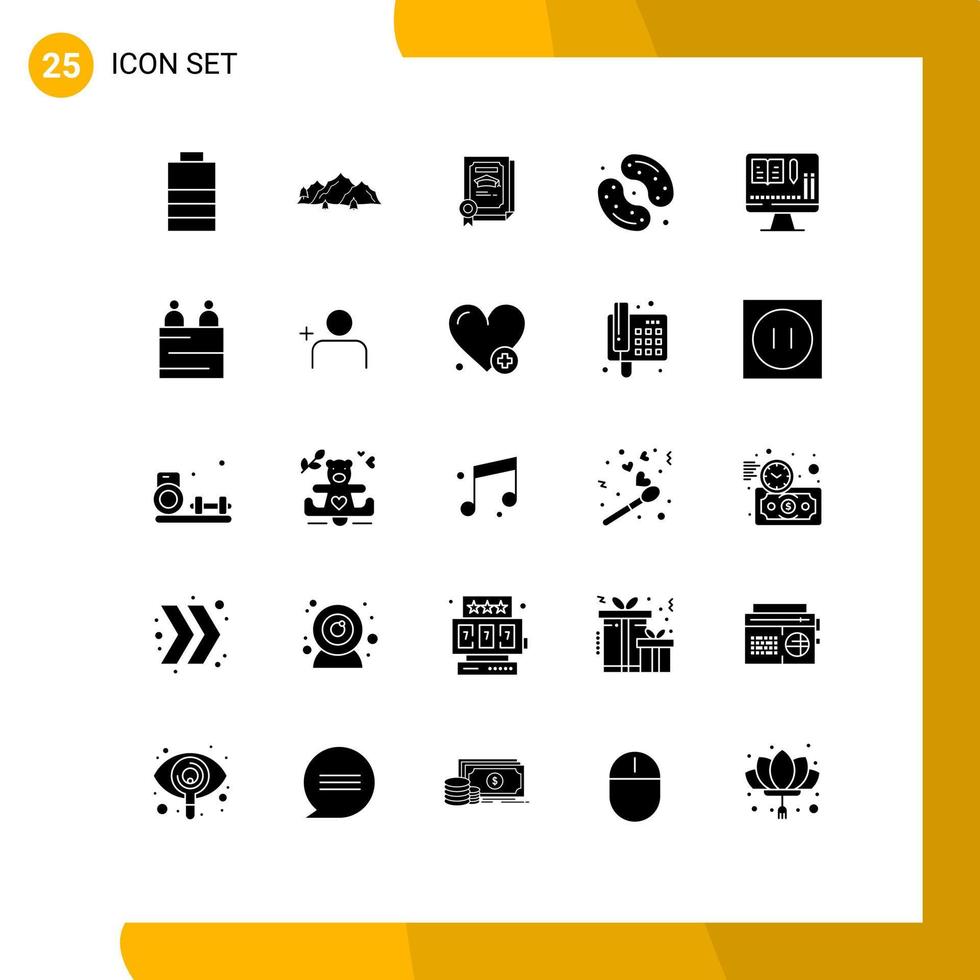 Mobile Interface Solid Glyph Set of 25 Pictograms of monitor sweets degree food candy Editable Vector Design Elements