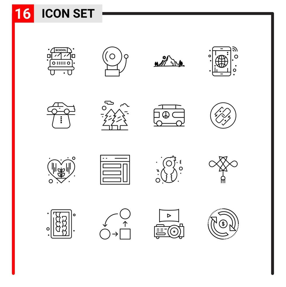 16 Universal Outline Signs Symbols of car advantage hill phone globe Editable Vector Design Elements