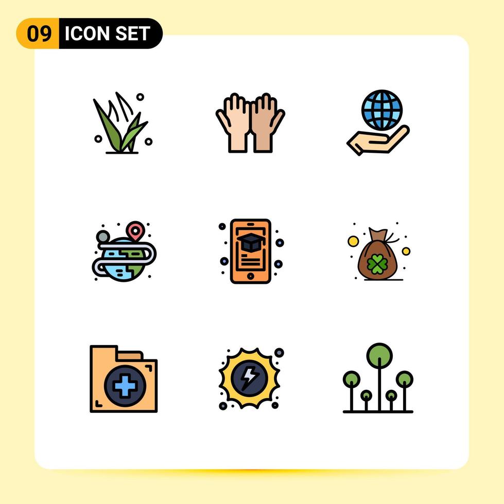 Pack of 9 creative Filledline Flat Colors of education globe salat process hand Editable Vector Design Elements