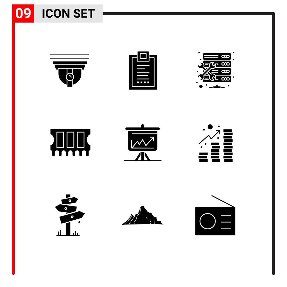 paquete de glifos sólidos de 9 símbolos universales de configuración de memoria de desarrollo de gráfico ram elementos de diseño vectorial editables vector