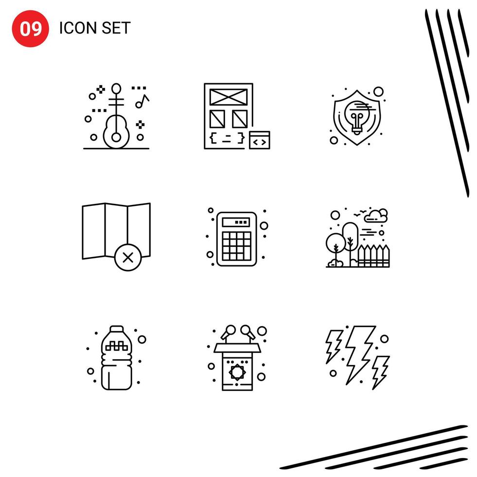Pack of 9 Modern Outlines Signs and Symbols for Web Print Media such as calculator map creative delete thinking Editable Vector Design Elements
