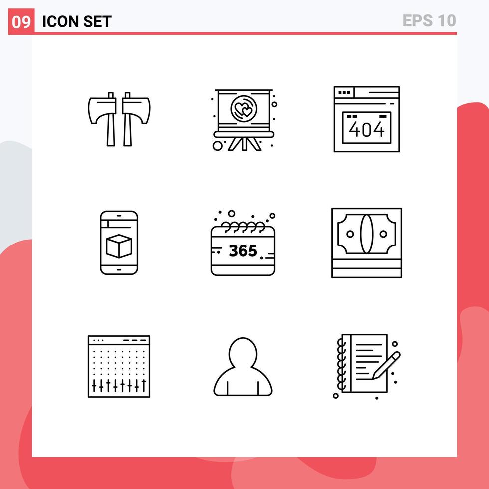 Pack of 9 Modern Outlines Signs and Symbols for Web Print Media such as selection all error technology cell Editable Vector Design Elements