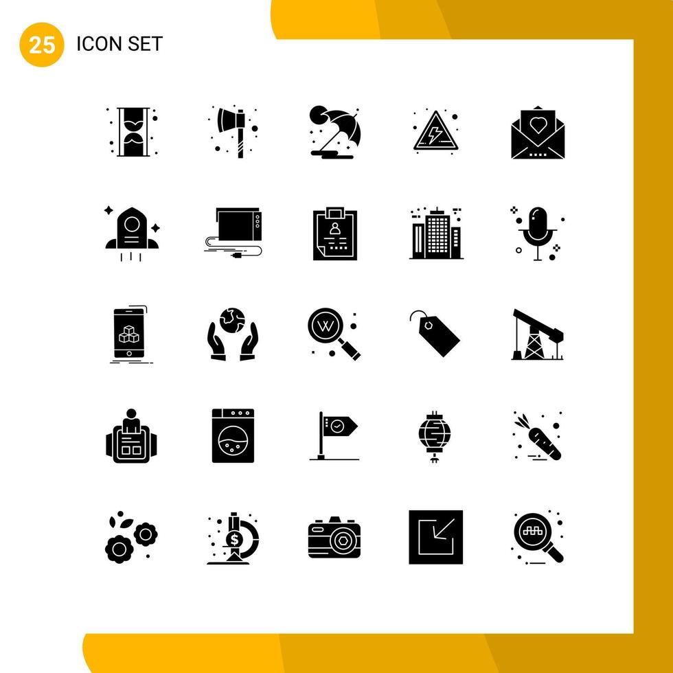 User Interface Pack of 25 Basic Solid Glyphs of mail love sun heart danger Editable Vector Design Elements