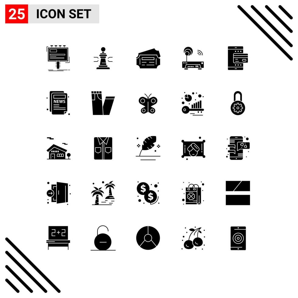 Modern Set of 25 Solid Glyphs and symbols such as card router king electronic station Editable Vector Design Elements