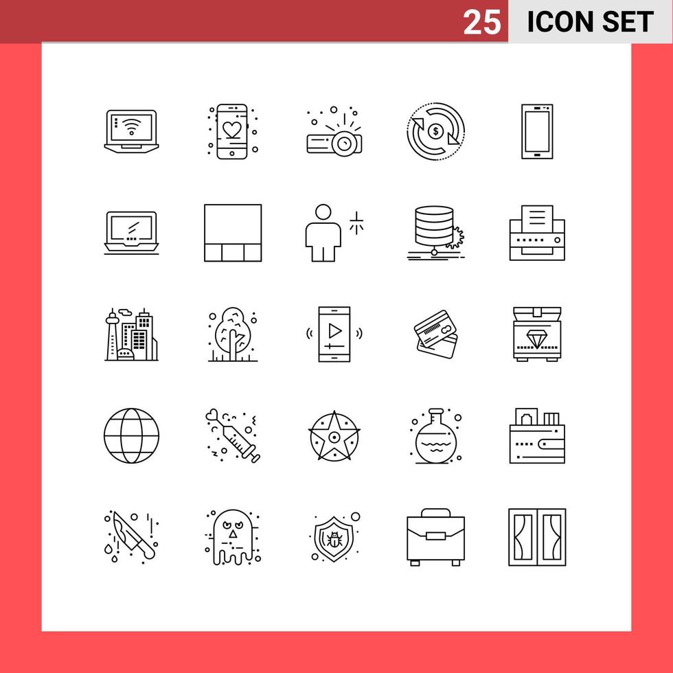 Group of 25 Modern Lines Set for smart phone money device market finance Editable Vector Design Elements