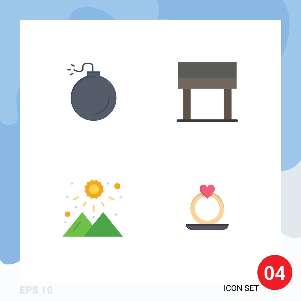 4 Universal Flat Icon Signs Symbols of bomb mountain desk sunrise heart Editable Vector Design Elements