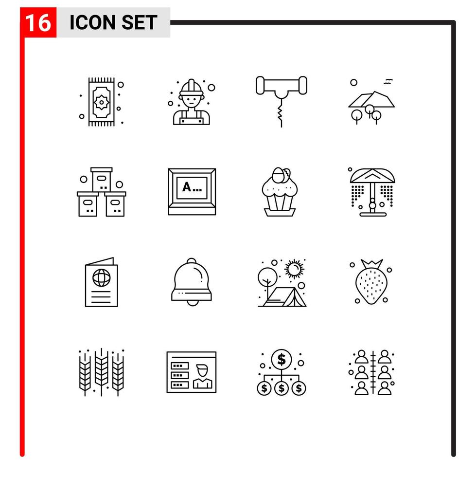 Mobile Interface Outline Set of 16 Pictograms of box tree worker mountain stork Editable Vector Design Elements
