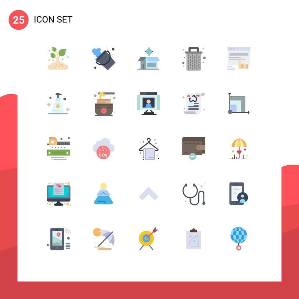 paquete de 25 signos y símbolos de colores planos modernos para medios de impresión web, como elementos de diseño de vectores editables de cesta de eliminación de producto abierto de basura de dedo