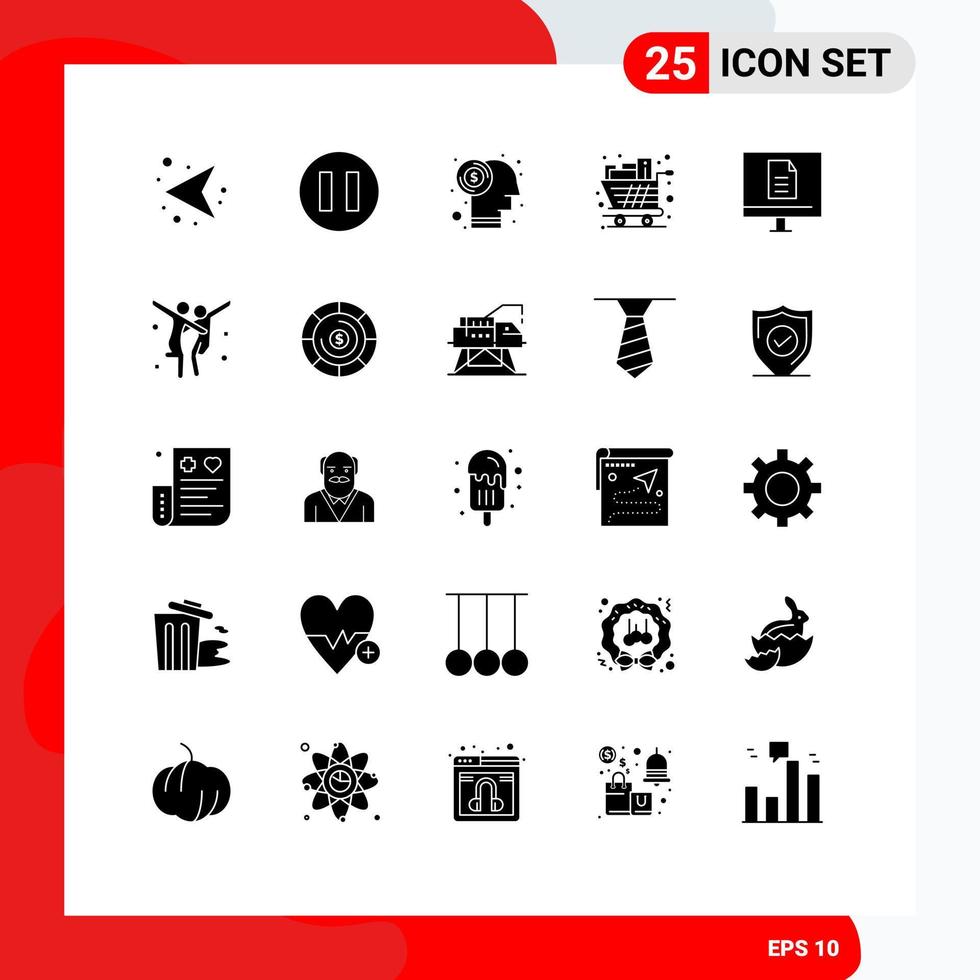 grupo de 25 signos y símbolos de glifos sólidos para elementos de diseño de vectores editables de comestibles de carrito de dólar de negocios de Internet
