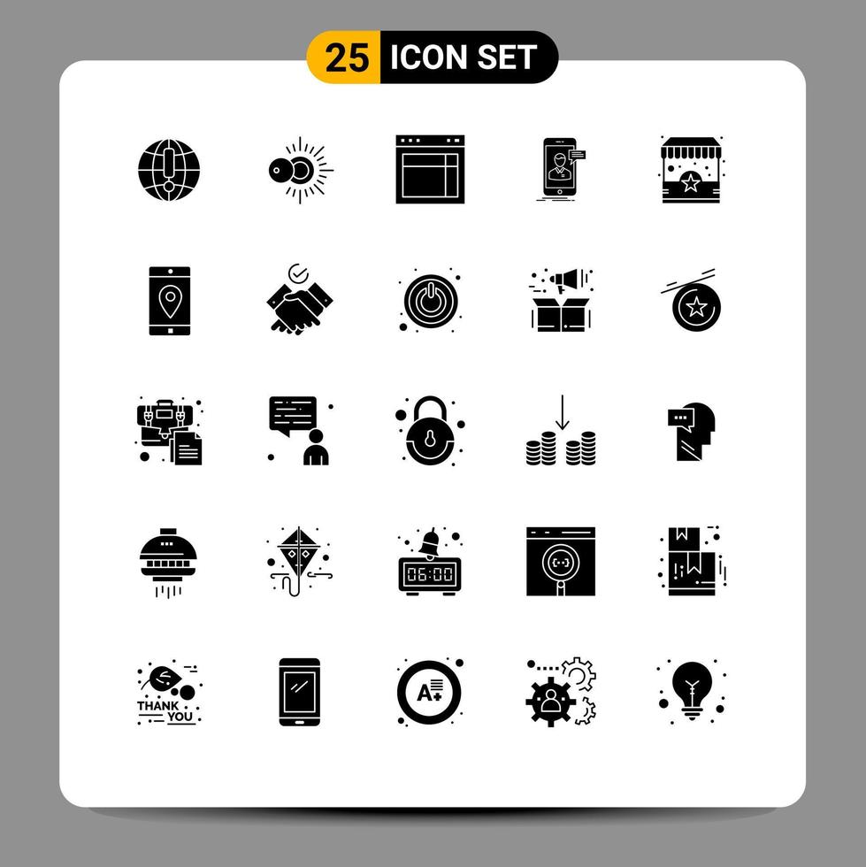 25 User Interface Solid Glyph Pack of modern Signs and Symbols of ecommerce mobile layout meeting chat Editable Vector Design Elements