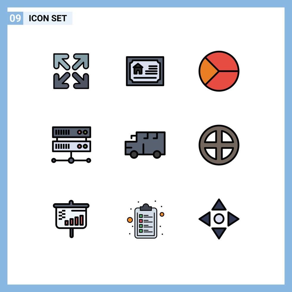 Group of 9 Filledline Flat Colors Signs and Symbols for transportation bus chart hosting center data center Editable Vector Design Elements