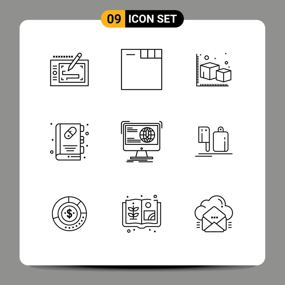 paquete de 9 signos y símbolos de contornos modernos para medios de impresión web, como elementos de diseño de vectores editables de folleto de libro médico de cubo de información de desarrollo