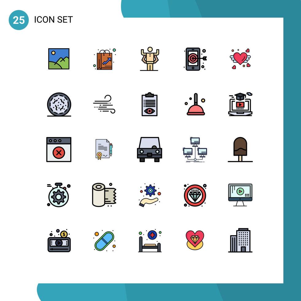 Modern Set of 25 Filled line Flat Colors Pictograph of love smartphone like target organization Editable Vector Design Elements