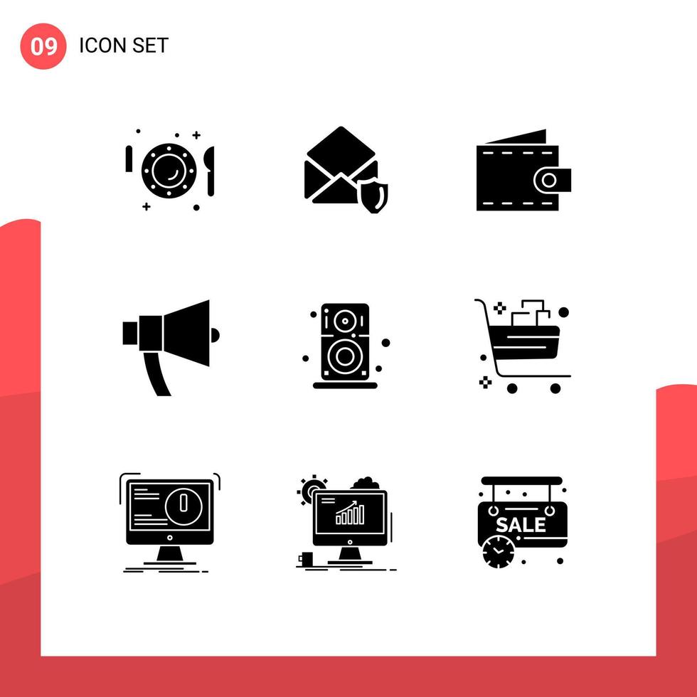 Pack of 9 creative Solid Glyphs of speaker loud security announcement wallet Editable Vector Design Elements