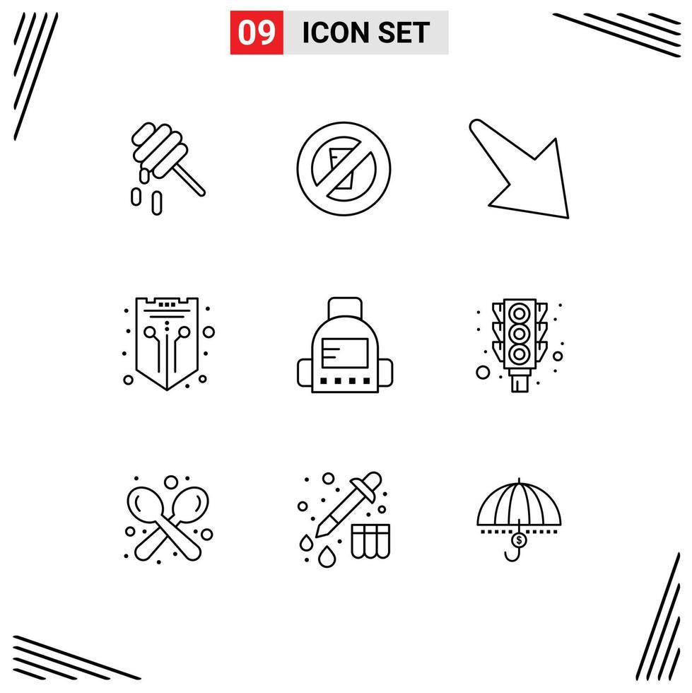 9 Universal Outline Signs Symbols of education bag down web protection Editable Vector Design Elements