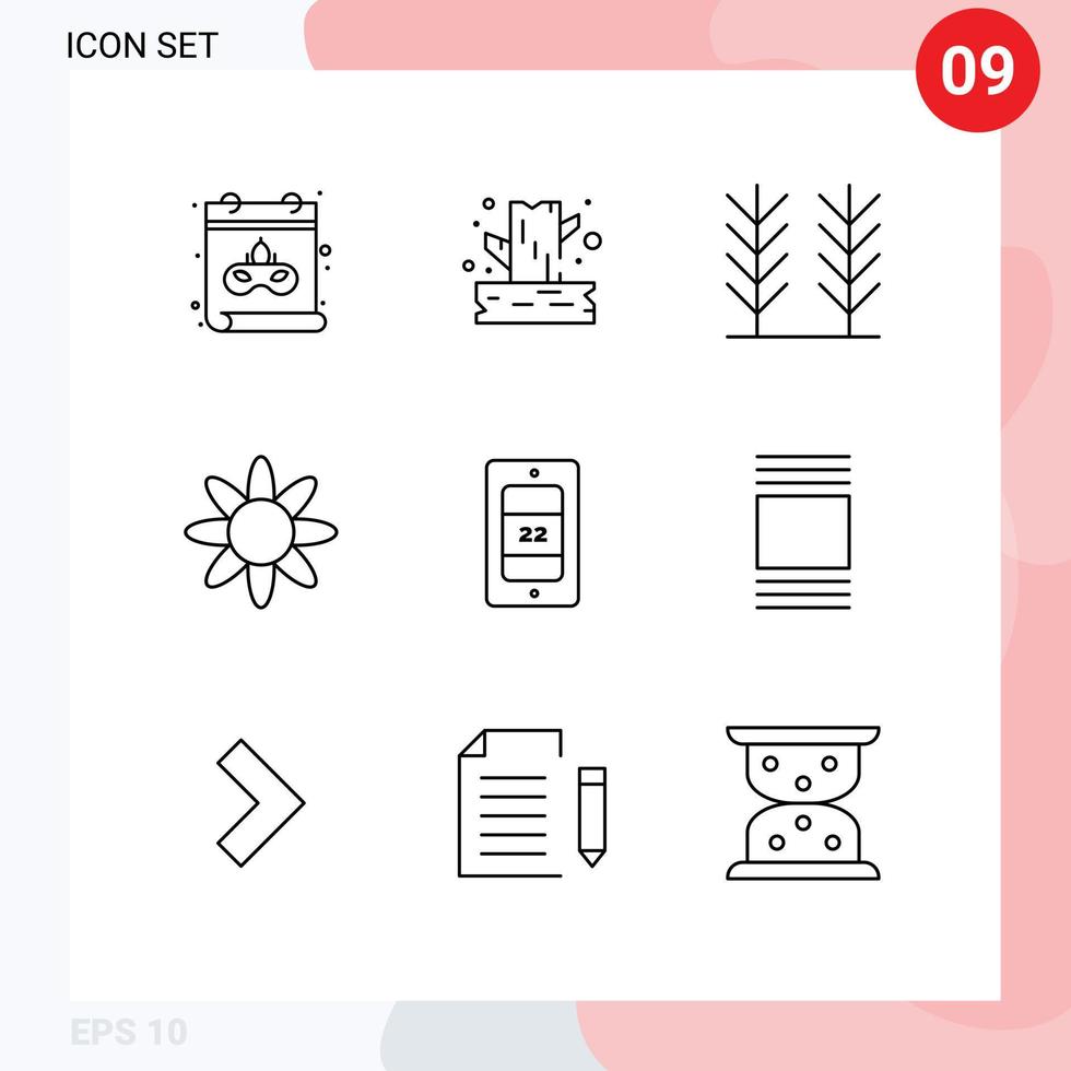 Group of 9 Outlines Signs and Symbols for thumbnails temperature food sun nature Editable Vector Design Elements