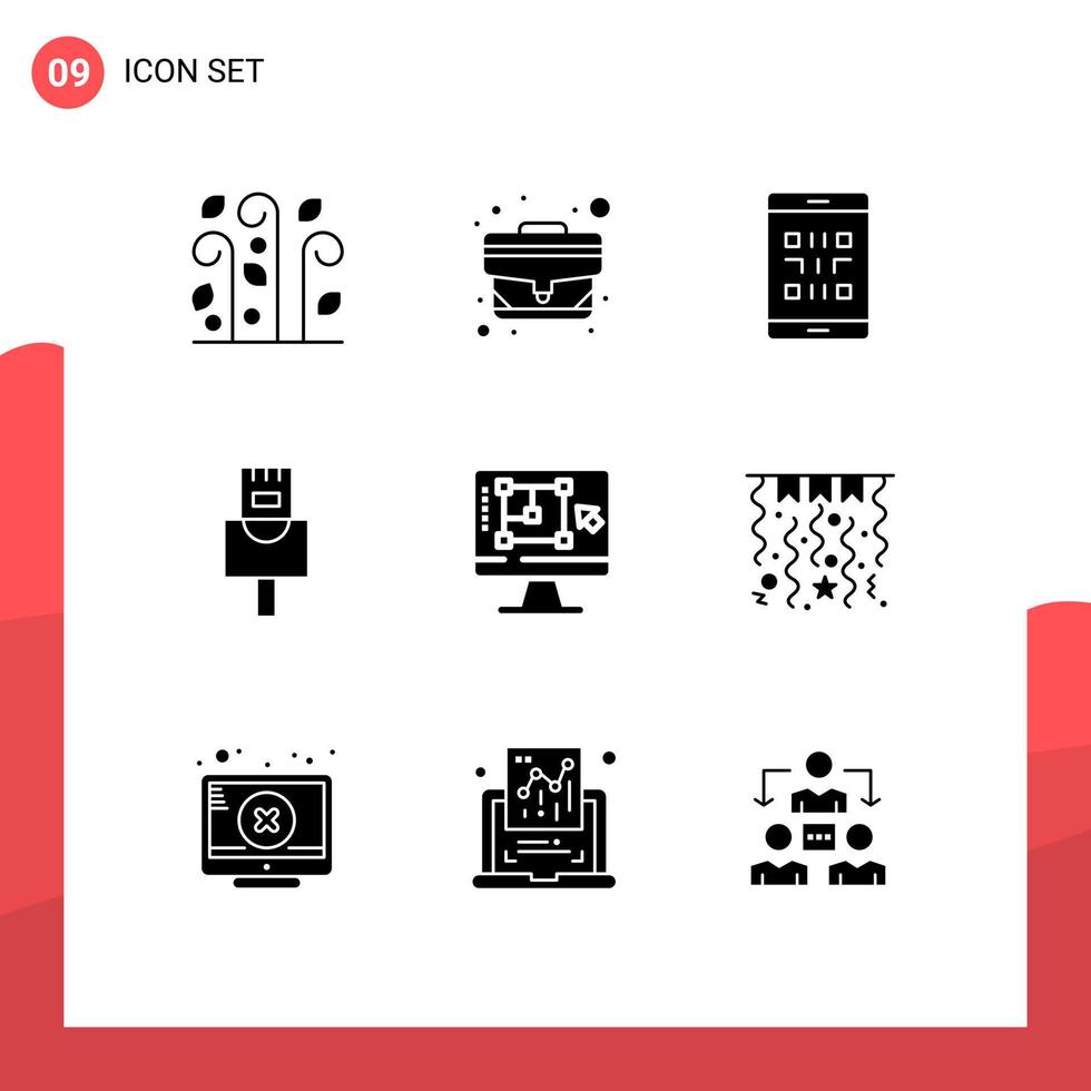 9 conjunto de glifos sólidos universales para aplicaciones web y móviles herramienta de diseño código de computadora ethernet smartphone elementos de diseño vectorial editables vector