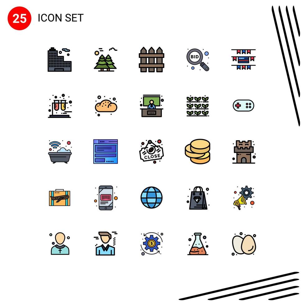 Filled line Flat Color Pack of 25 Universal Symbols of party decoration bid fence search explore Editable Vector Design Elements