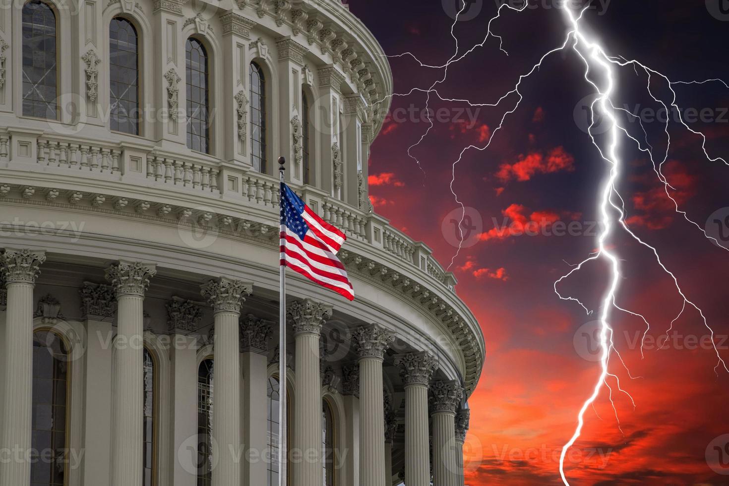 lightning on Washington DC Capitol view on red sunset cloudy sky photo