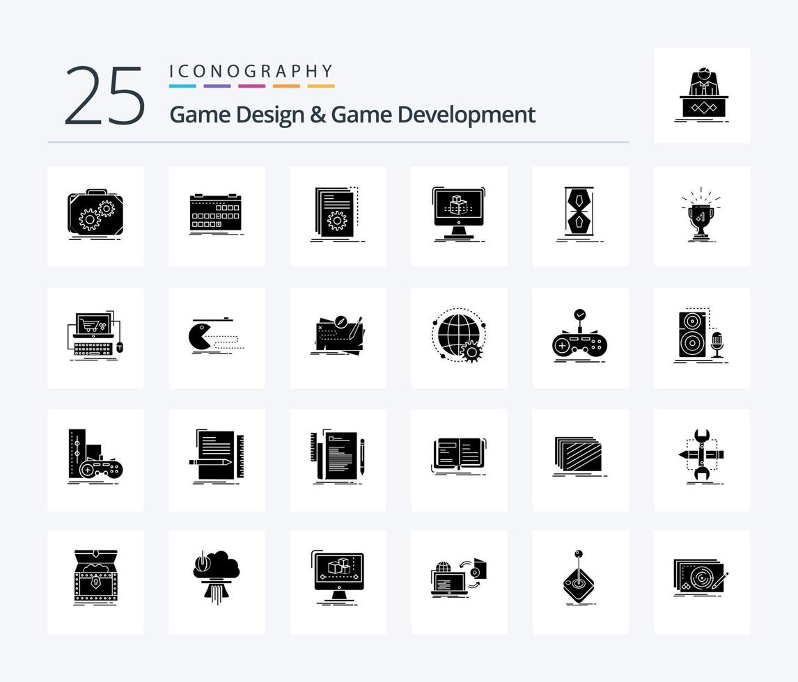 Game Design And Game Development 25 Solid Glyph icon pack including dimensional. 3d. release. script. developer vector