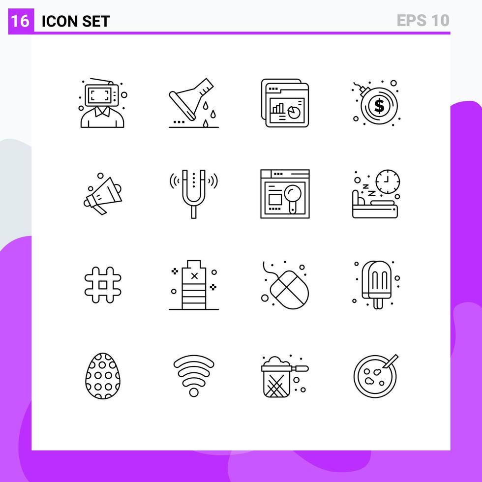 paquete de 16 signos y símbolos de contornos modernos para medios de impresión web, como elementos de diseño de vectores editables de tasa de sitio web de matraz de muestra de explosión de bomba de dólar