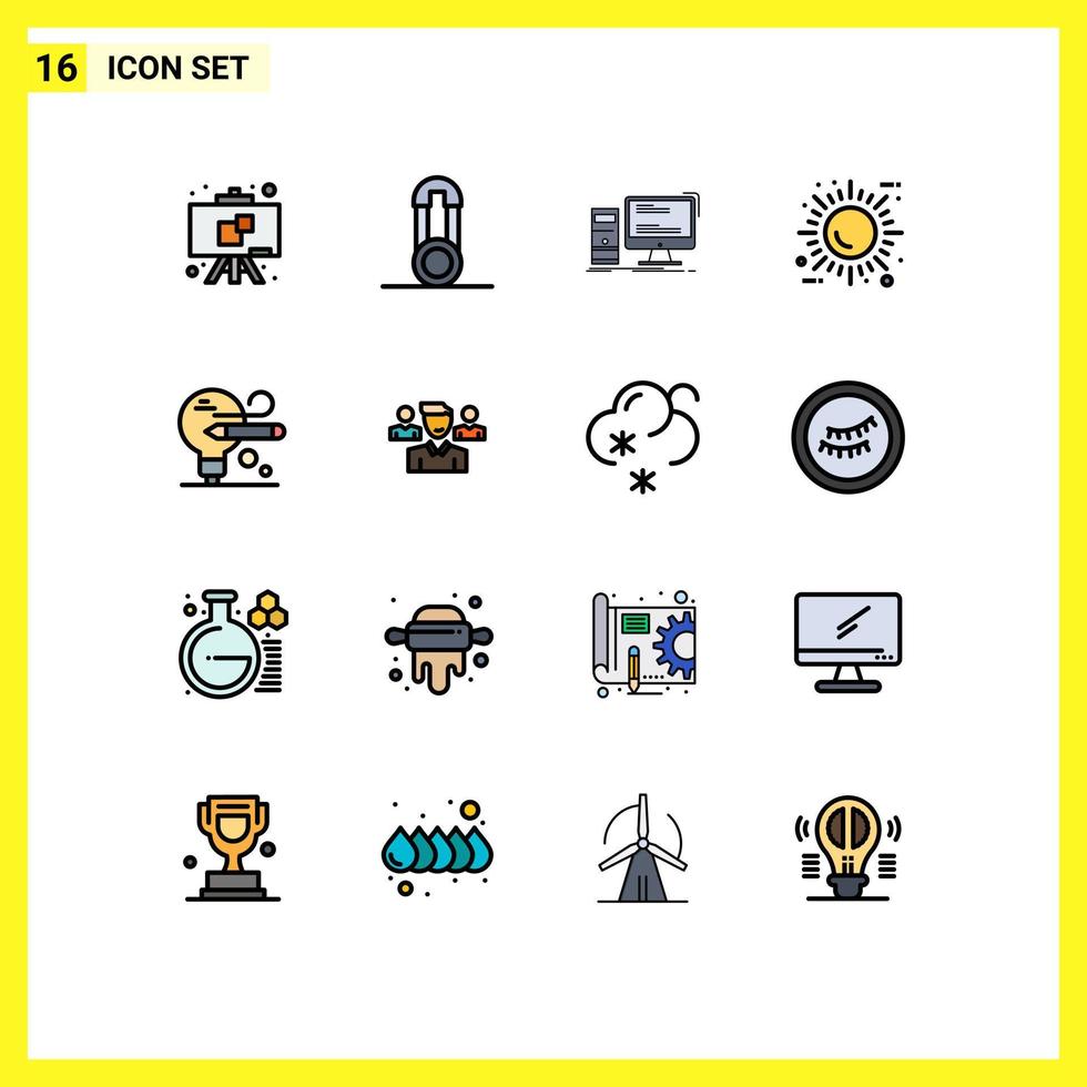 Universal Icon Symbols Group of 16 Modern Flat Color Filled Lines of bulb ecology desktop eco sun Editable Creative Vector Design Elements