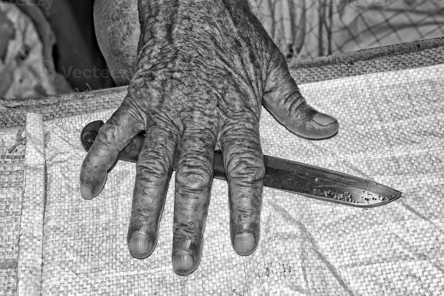 Hand of old fisherman in black and white photo