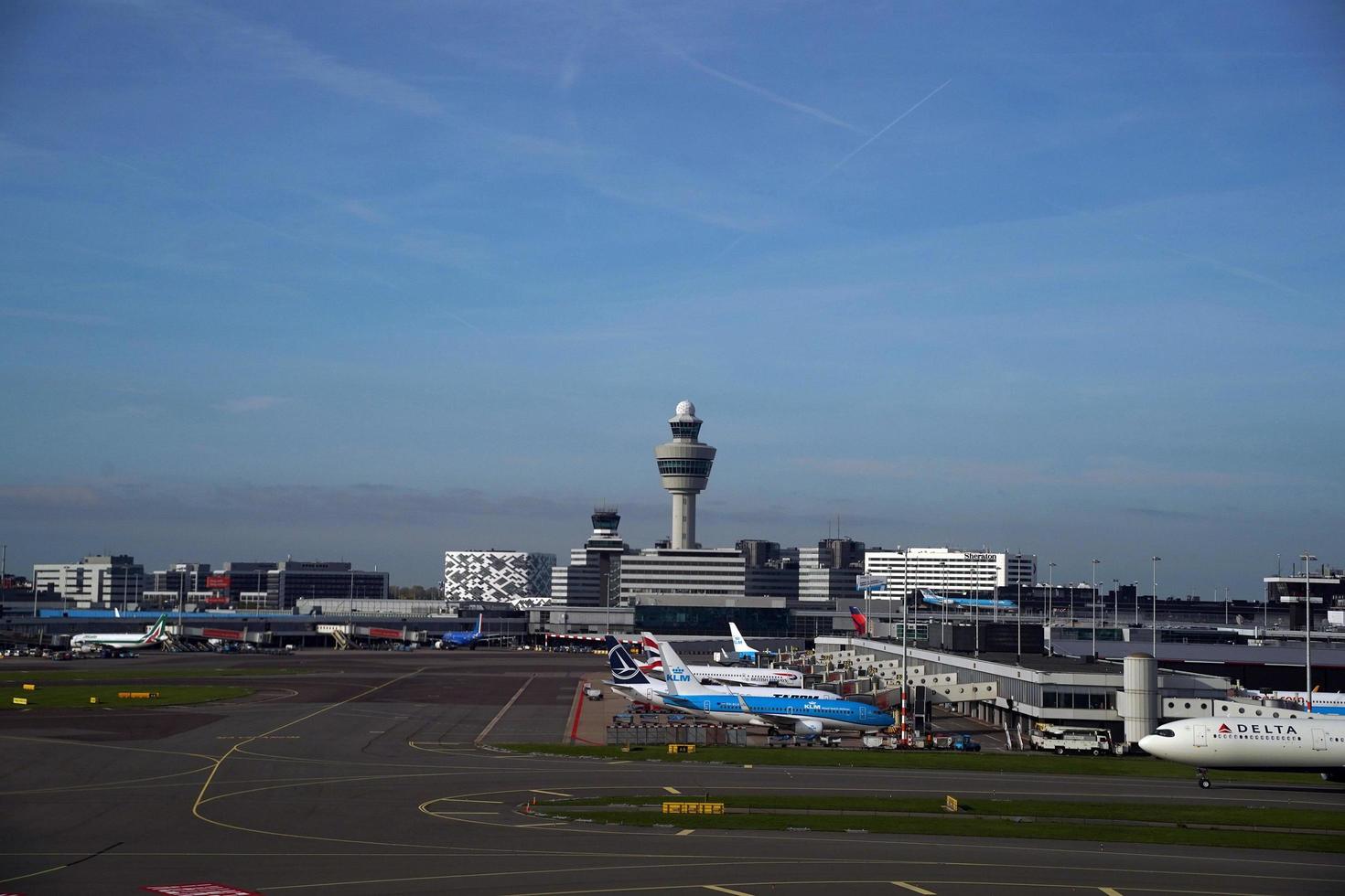 AMSTERDAM, NETHERLANDS - OCTOBER 26 2022 Schiphol Airport in Amsterdam, aerial view after taking off photo