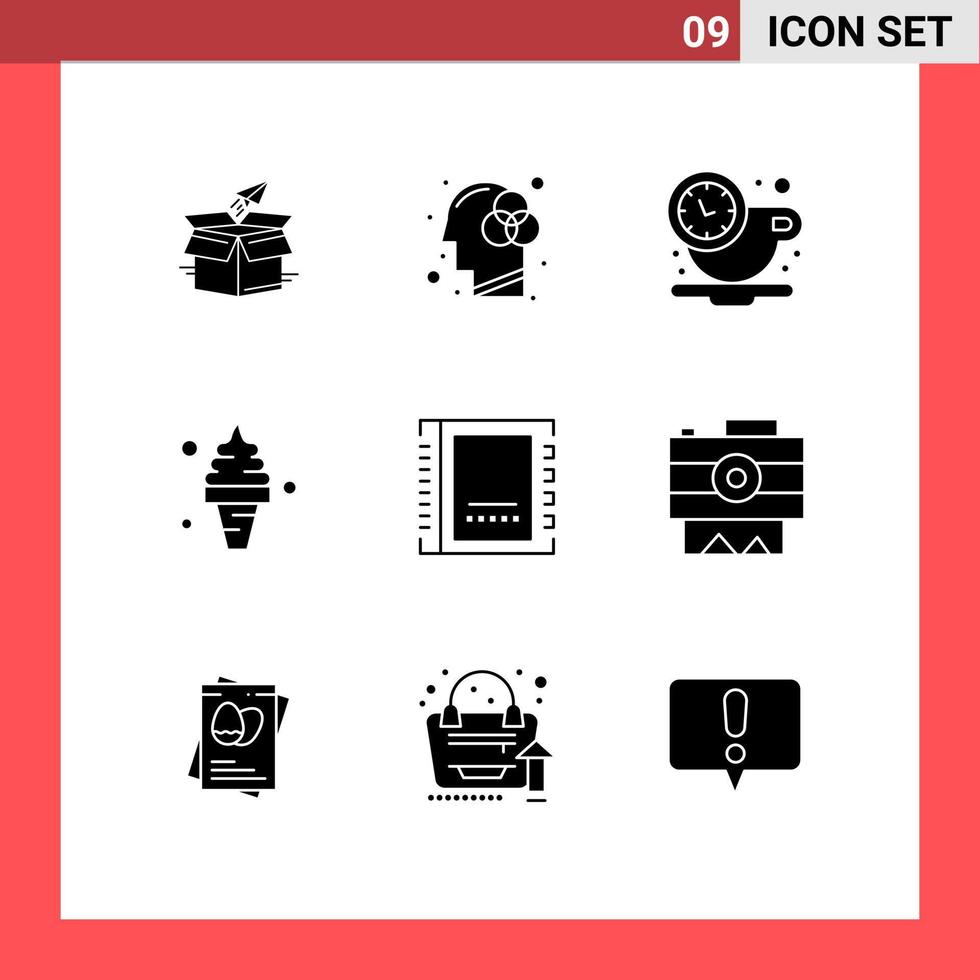 Set of 9 Modern UI Icons Symbols Signs for food beach human mind time coffee Editable Vector Design Elements
