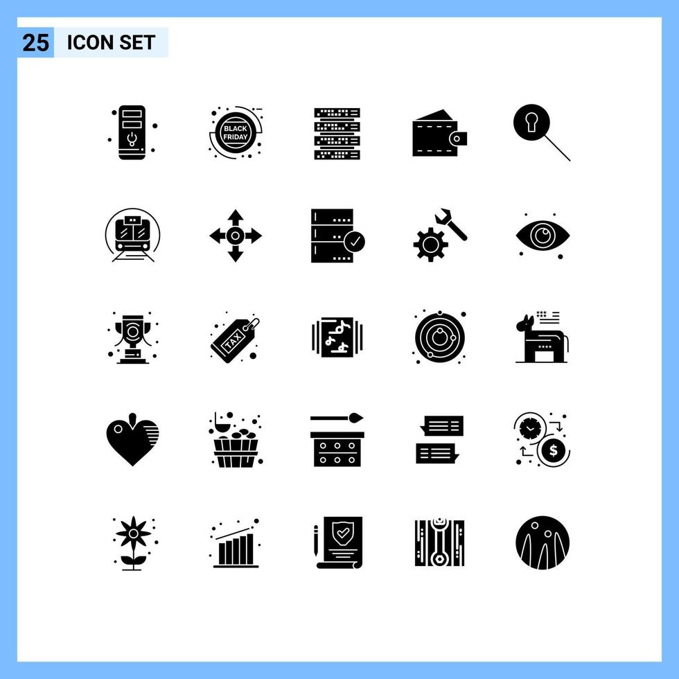 25 User Interface Solid Glyph Pack of modern Signs and Symbols of secret keyhole rack wallet fashion Editable Vector Design Elements