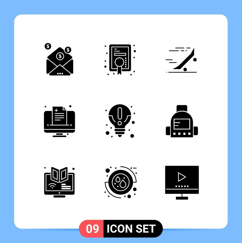 Pack of 9 creative Solid Glyphs of idea online ride medical health Editable Vector Design Elements