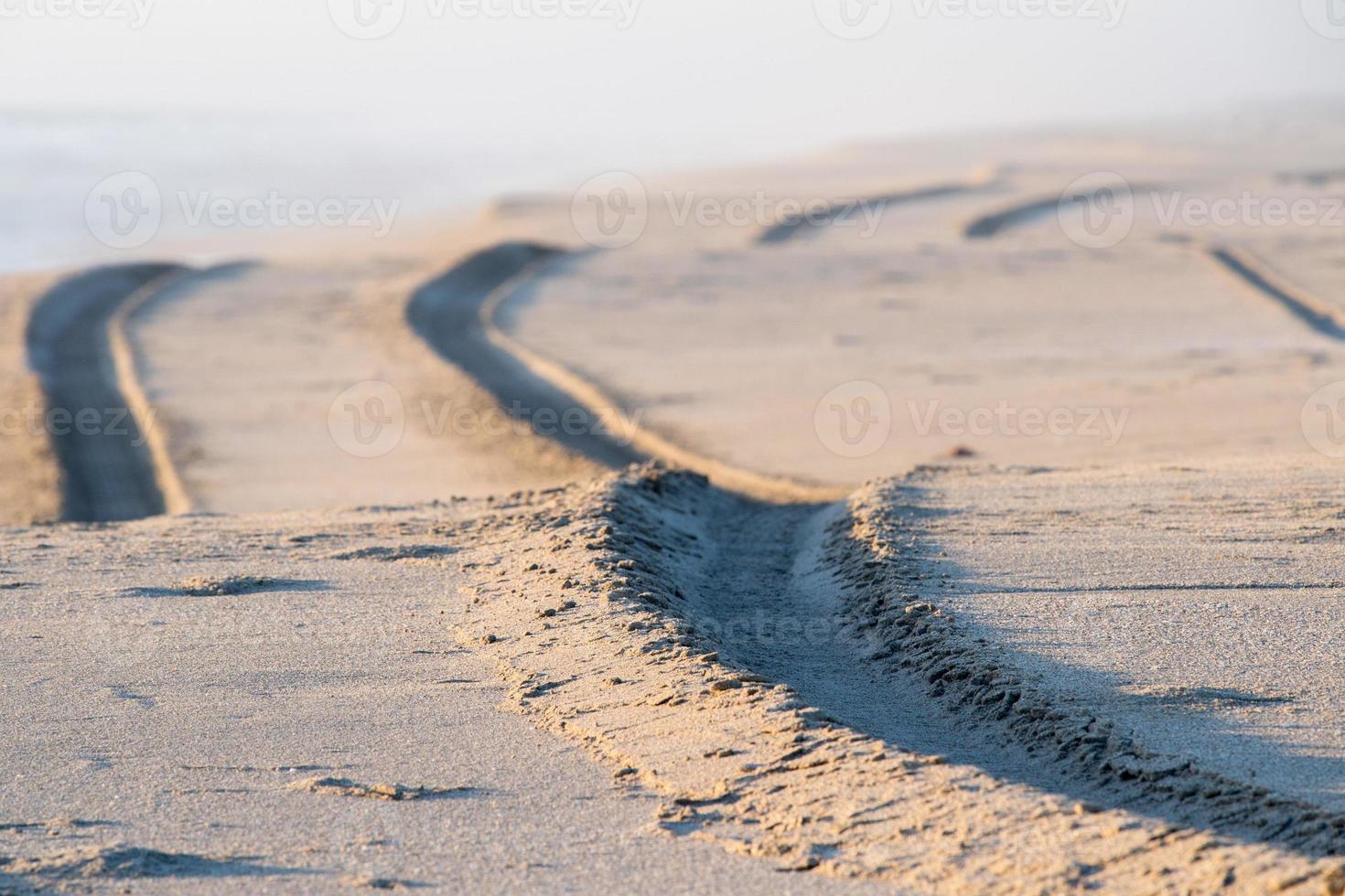 Detalle de pista de neumáticos de coche todoterreno en la playa de arena foto