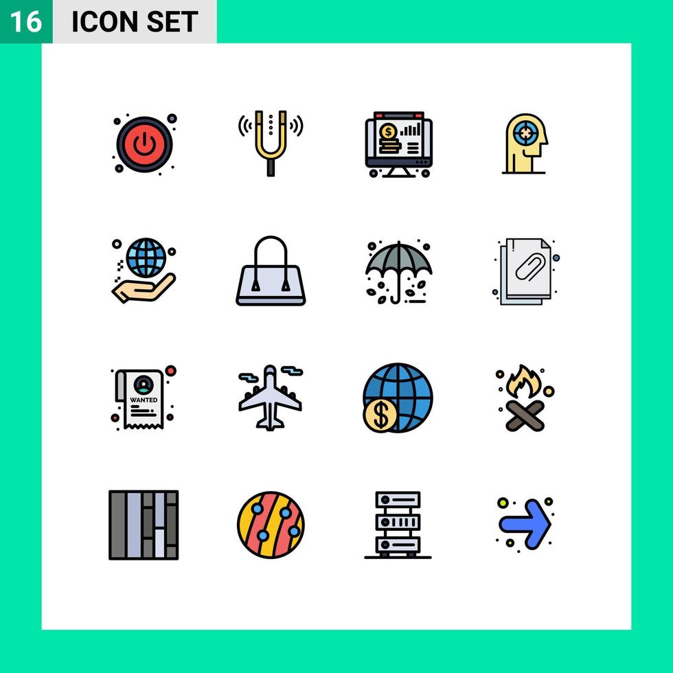 16 User Interface Flat Color Filled Line Pack of modern Signs and Symbols of charity human online head concentration Editable Creative Vector Design Elements