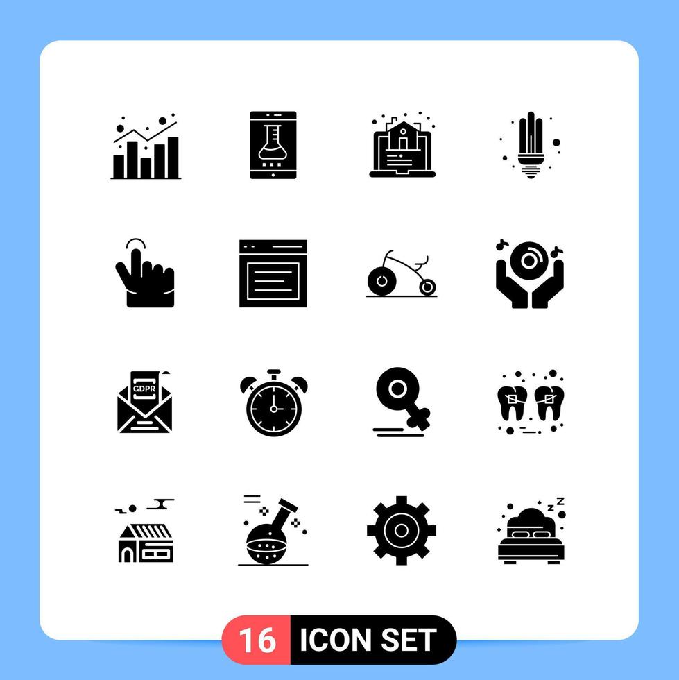 Set of 16 Commercial Solid Glyphs pack for light energy smart lab bulb real Editable Vector Design Elements