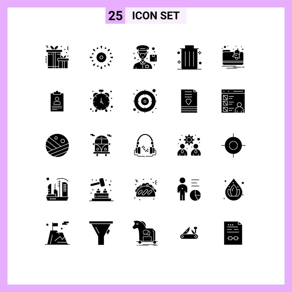 Pack of 25 Modern Solid Glyphs Signs and Symbols for Web Print Media such as resume folder courier alert dustbin Editable Vector Design Elements