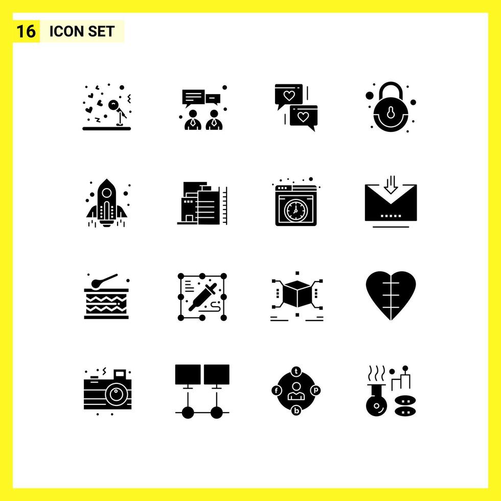 Solid Glyph Pack of 16 Universal Symbols of launch spaceship love rocket lock Editable Vector Design Elements