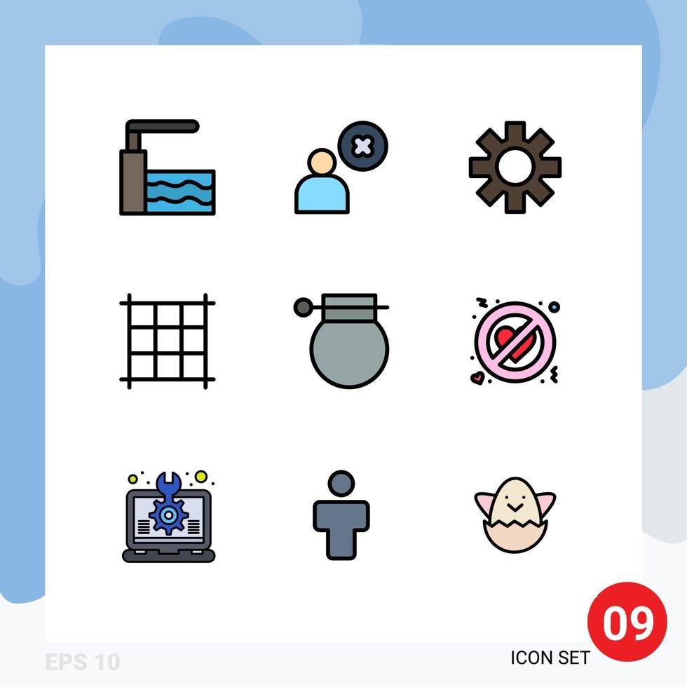 9 Creative Icons Modern Signs and Symbols of no love weapon cog war bomb Editable Vector Design Elements