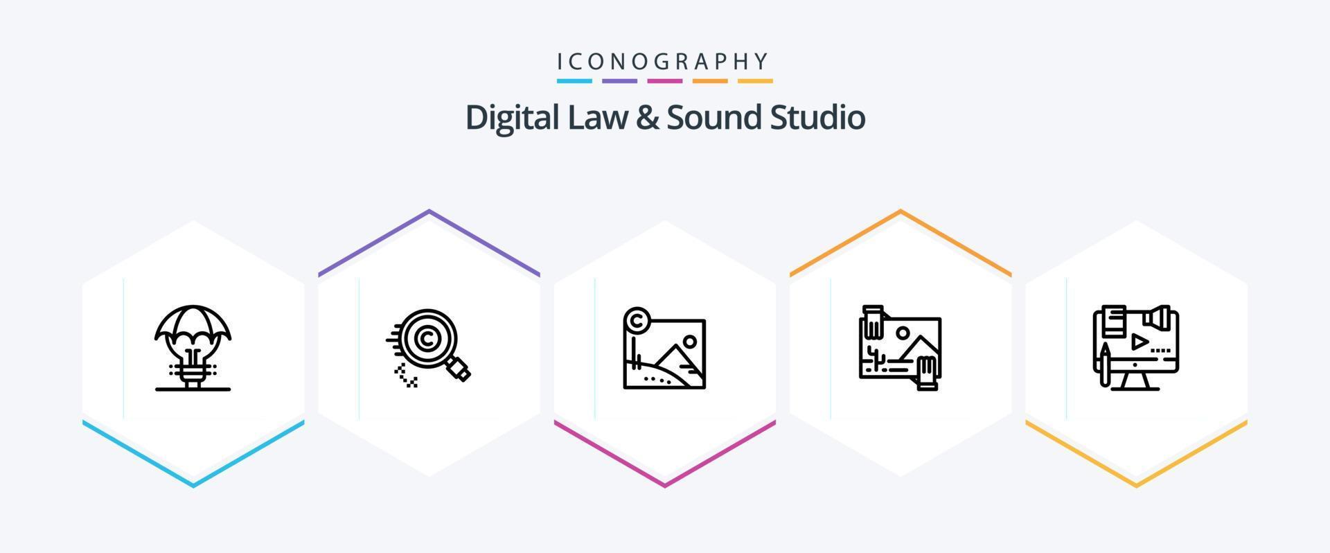 Digital Law And Sound Studio 25 Line icon pack including image. distribution. owner. contibution. copyright vector