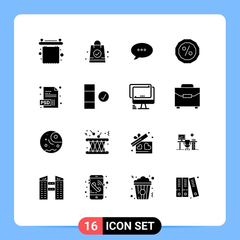 Set of 16 Commercial Solid Glyphs pack for complete psd chat extension percent Editable Vector Design Elements