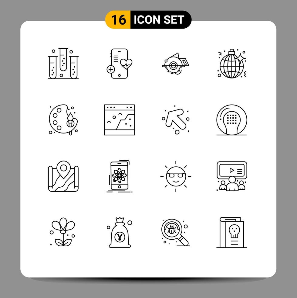 Mobile Interface Outline Set of 16 Pictograms of party music heart disco construction Editable Vector Design Elements