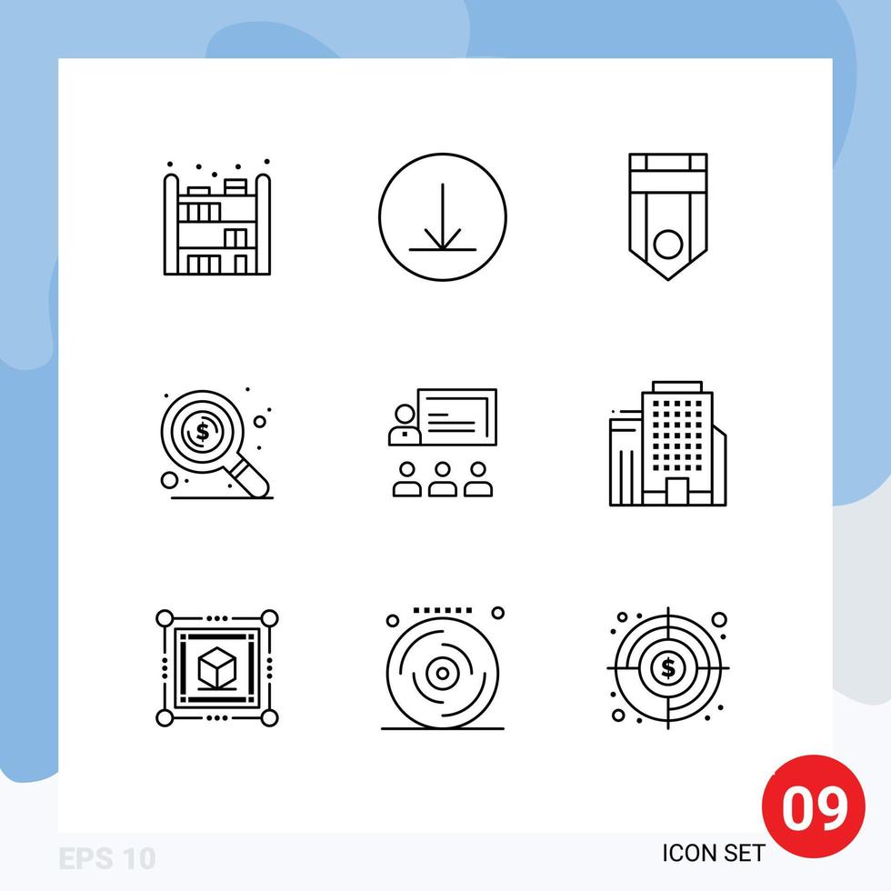 Group of 9 Modern Outlines Set for management human rank business search Editable Vector Design Elements