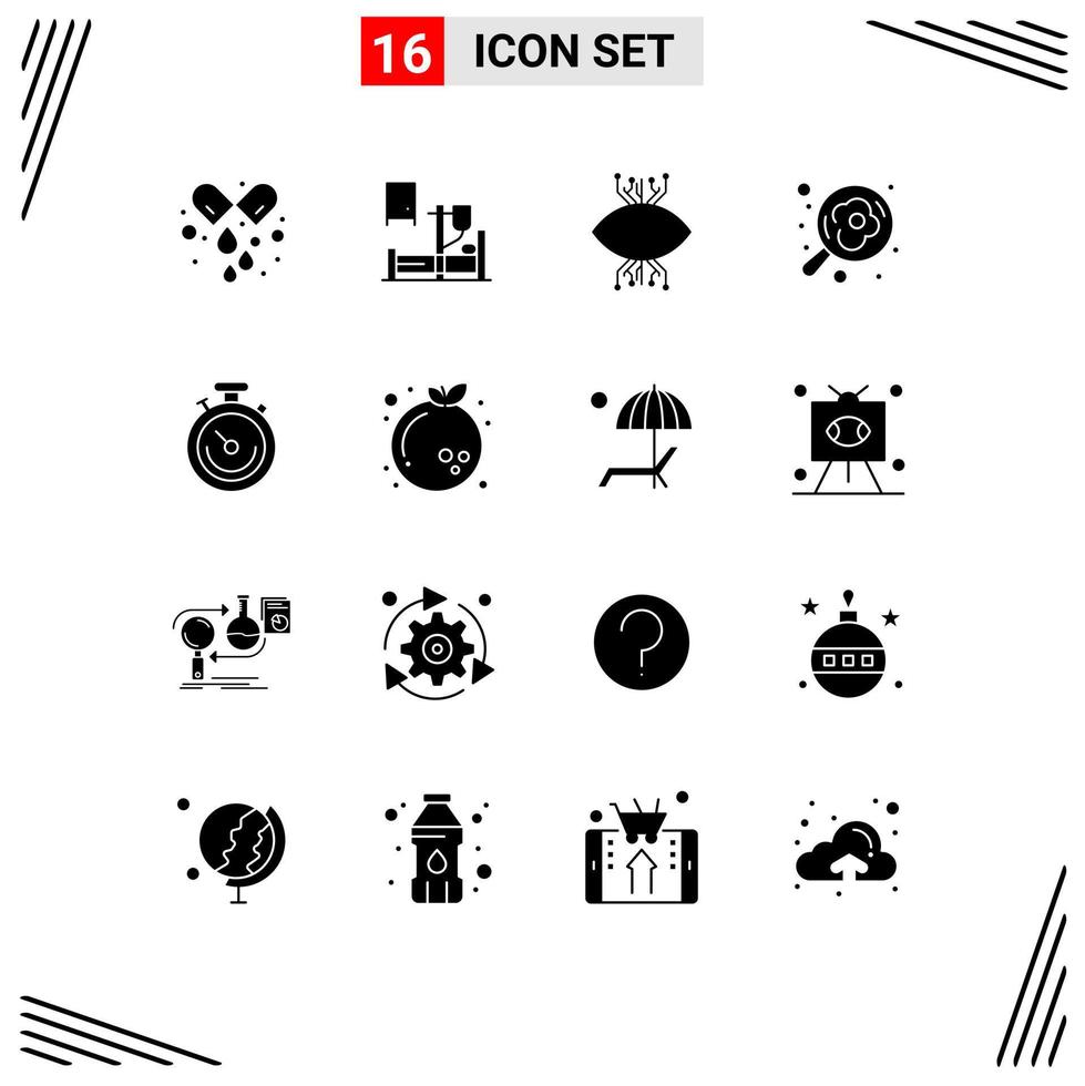 Set of 16 Commercial Solid Glyphs pack for clock pan infrastructure cooking eye Editable Vector Design Elements
