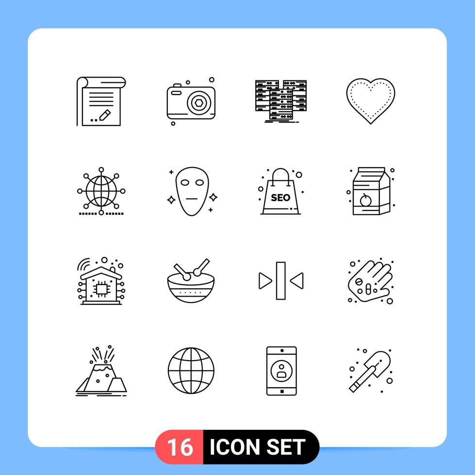 Pack of 16 creative Outlines of favorite love camera heart database Editable Vector Design Elements