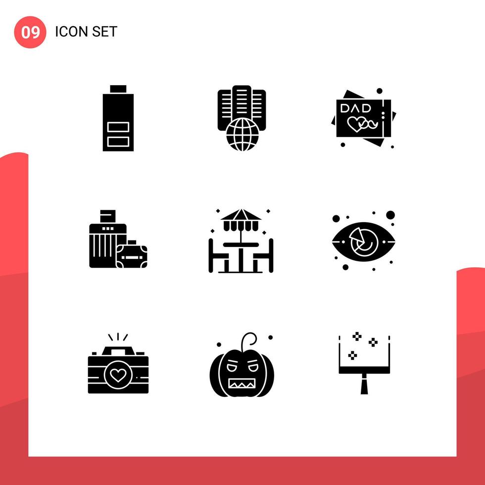 User Interface Pack of 9 Basic Solid Glyphs of furniture decoration greeting card beach handbag Editable Vector Design Elements