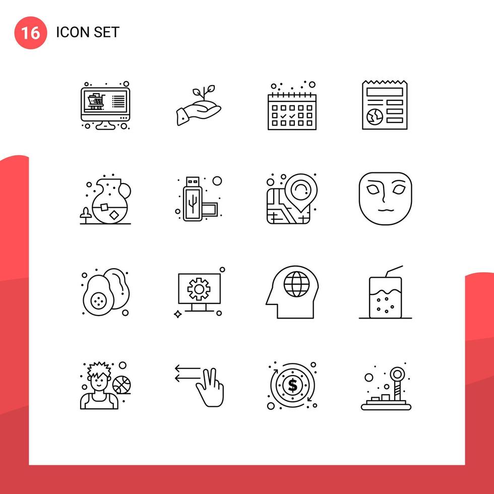 Group of 16 Modern Outlines Set for globe basic finance vacation calendar Editable Vector Design Elements