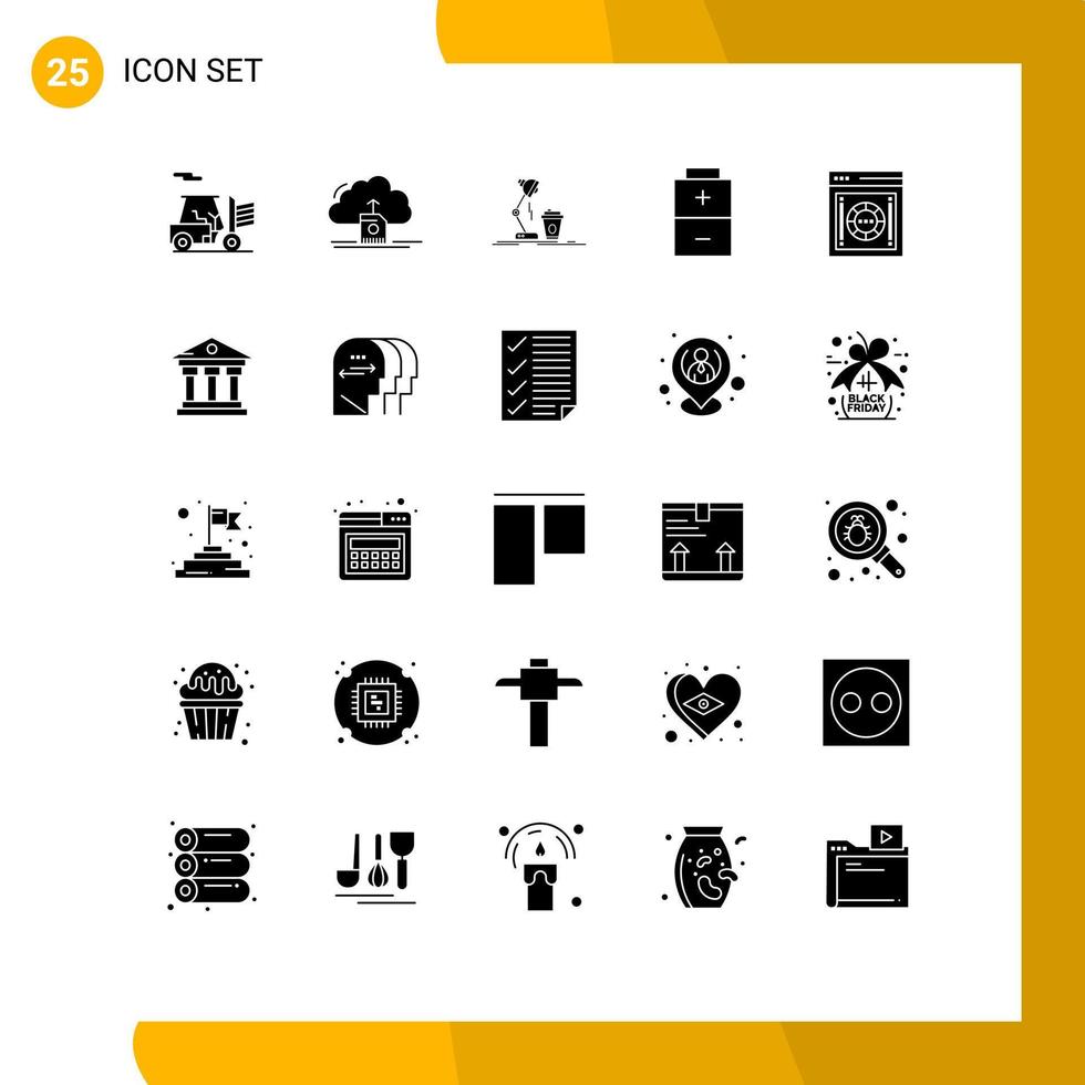 Set of 25 Vector Solid Glyphs on Grid for internet electric studio charging flash Editable Vector Design Elements